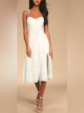 Lulu's Loveliest Looks White Floral Jacquard Tie-Strap Midi Dress Size Medium